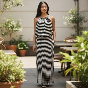 White House Black Market Black White Striped Maxi Halter Dress Size Small